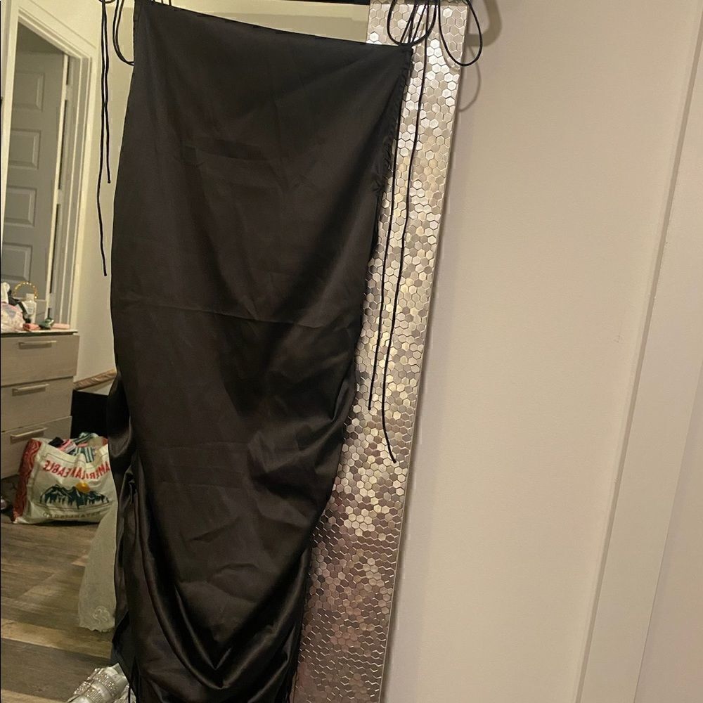 [boutique] drawstring black satin dress #2 - Picture 6 of 10